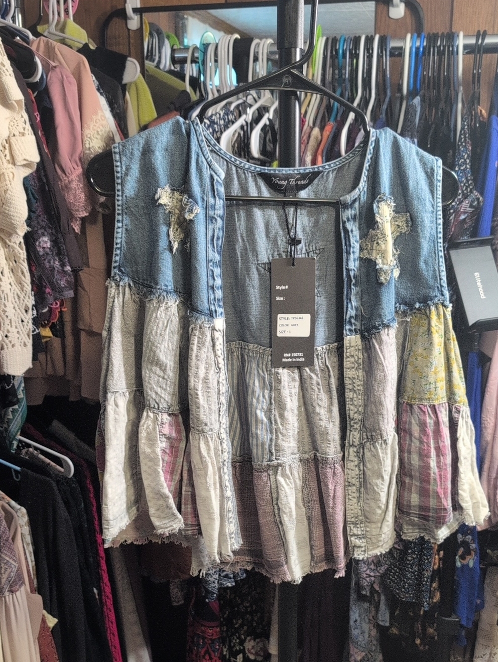 Young Threads Patchwork Denim & Multi-Stripe Sleeveless Top NWT
